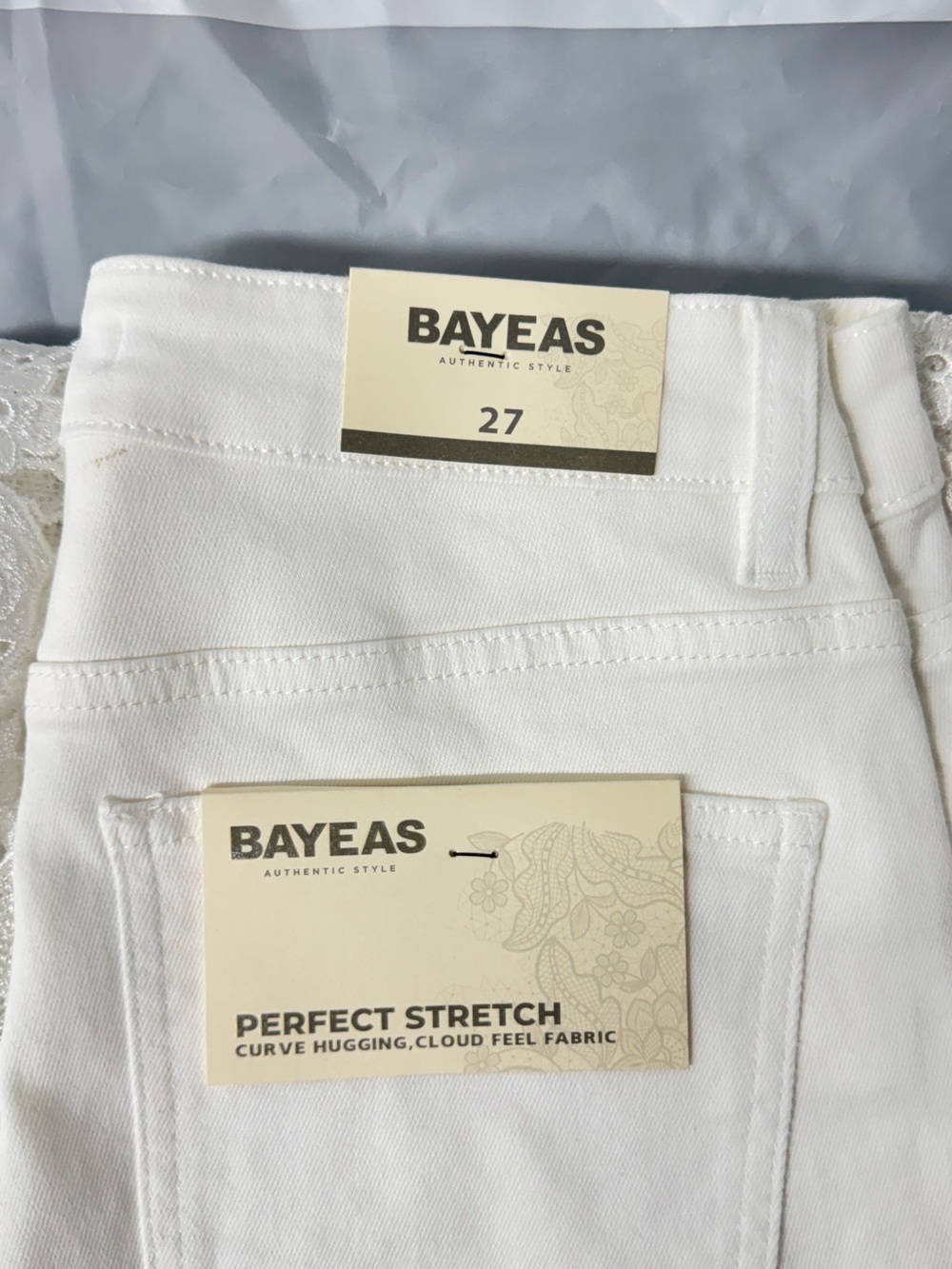 WHITE HIGH WAIST CRYSTAL EMBELLISHED CURVE HUGGING WIDE LEG LACE JEANS -NWT - Picture 10 of 15